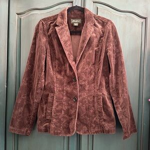 Eddie Bauer cotton Velvet jacket, Sz 8 tall, chocolate brown, embroidered floral